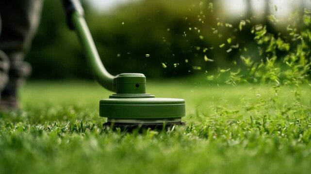 Close-up of green garden grass trimmer cutting fresh green lawn grass with blurred person working in background during outdoor garden maintenance