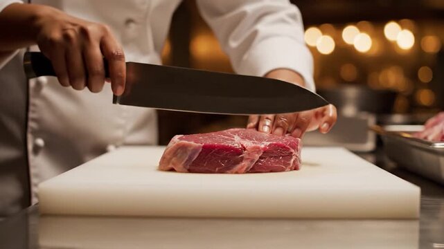 Professional chef placing a raw beef steak on a cutting board