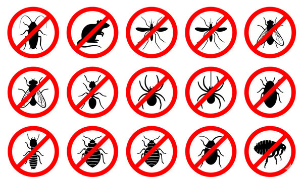 Set of fifteen pest control prohibition sign icons