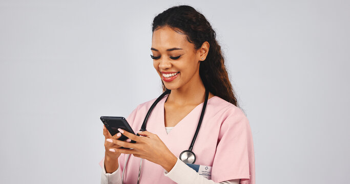 Medical, happy or woman in studio with phone, record review or patient diagnosis in online consultation. Healthcare, space or doctor with tech, telehealth or treatment research on white background.