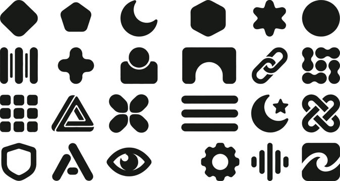 Brutalism shapes, abstract geometric forms, memphis geometric elements. Trendy minimalist basic figures, simple star, plants, lines and circles, modern swiss graphic design element vector set.