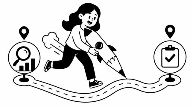 Woman running with leaf blower on wavy path illustration.