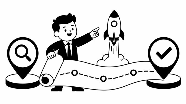 Businessman pointing at rocket launch illustration.