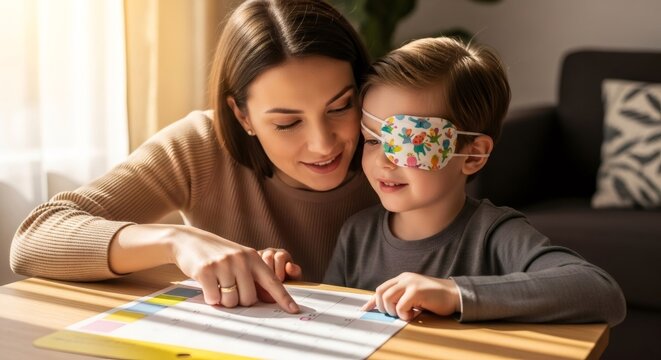 Woman nurse helping kid with eye patch during vision test. Pediatric ophthalmologist examining little boy eye condition. Childhood eye care with special vision therapy.