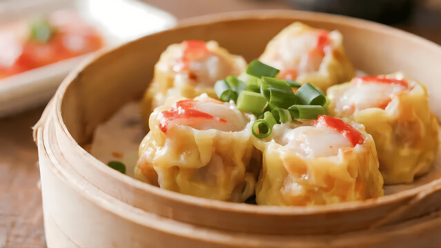 A close-up shot of freshly steamed siu mai dim sum topped with chili sauce and chopped green onions in a bamboo basket.