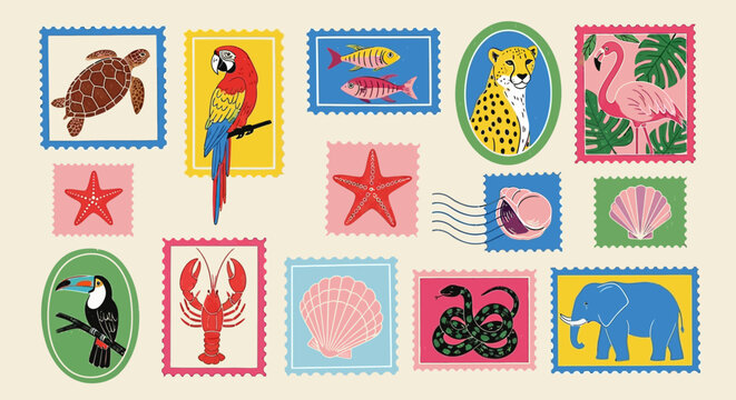 Vibrant animal and sea creature postage stamps on colorful backgrounds with tropical themes and designs