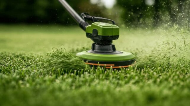 Close-up of gardening tool trimming green grass in sunny garden outdoor setting showing lawn care maintenance activity and equipment use