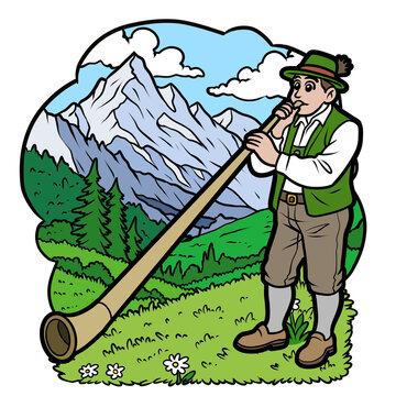 Traditional Swiss alphorn player in lederhosen at Alps mountain vector illustration