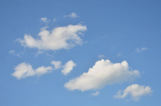 Blue sky with several white fluffy clouds . Nature,  sky in sunny day ,beautiful weather, natural environment .	