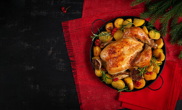 Festive Roasted Chicken Centerpiece for Christmas Dinner. Top view