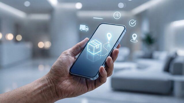 Hand Holding Smartphone Displaying Glowing Package Tracking App with Box Location Pin Truck Clock Check Icons White Modern Interior Delivery Technology Concept
