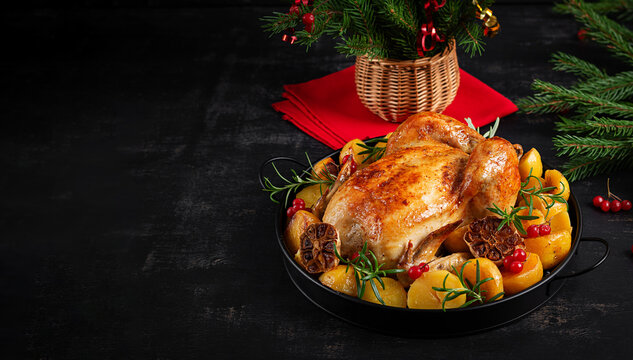 Traditional Winter Celebration Meal with Roast Chicken. Banner