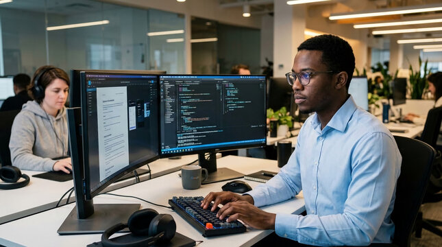 Two people working on computers in a modern office, representing technology, business, and concentration, suitable for corporate themes.