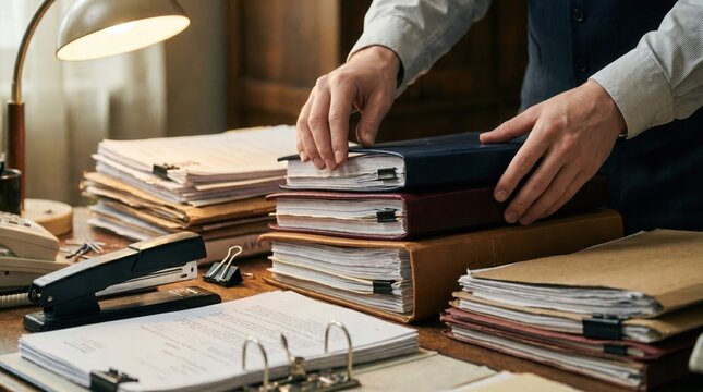 Accountant Organizing Year-End Report Materials in Diverse Color-Coded Binders