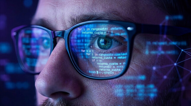 Close-up of an eye through glasses reflecting code, symbolizing technology, insight, and data processing, representing innovation and digital expertise