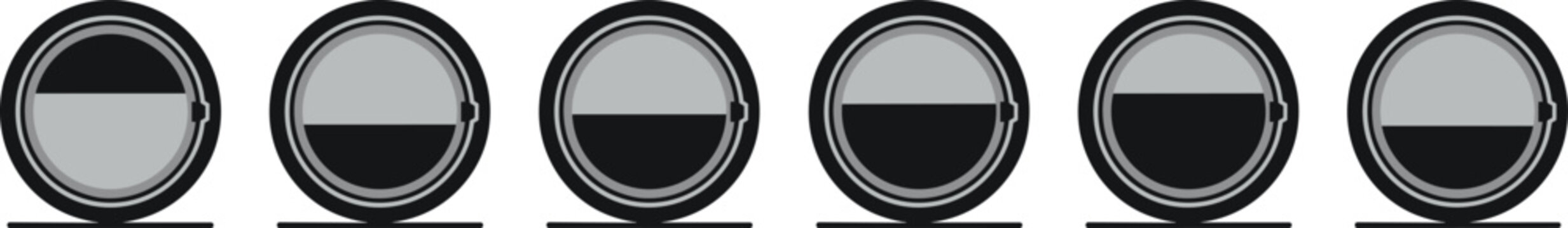 Minimalist row of six washing machine drums with varying water levels, showing an organized laundry process in bright studio light
