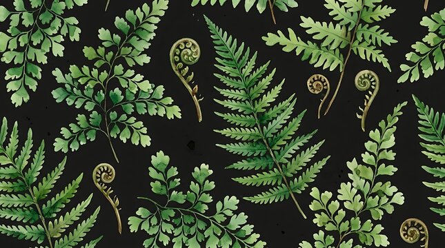 Seamless pattern with watercolor fern leaves and fiddleheads on black background