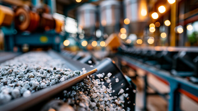 Industrial fertilizer production facility with granules on a conveyor belt, machinery and storage silos in the background, agriculture chemistry crop supply mood
