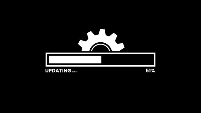 Updating bar with gear icon animation on transparent background. Loading bar animation with software update and settings icon. Update process with spinning settings gear symbol with alpha channel