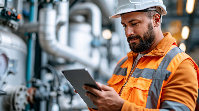 Engineer reviewing process parameters on a tablet beside tanks and pipe systems in a fertilizer plant during preventive maintenance