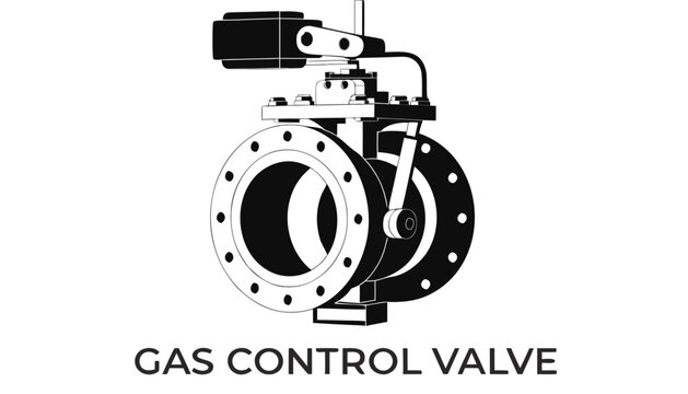 Very beautiful close-up black and white vector illustration of a GAS CONTROL VALVE featuring detailed mechanical components, precision industrial engineering, and professional oil and gas industry sty