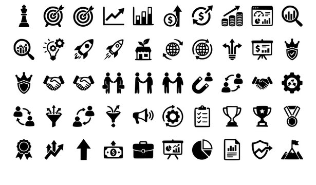 50 Business Growth Black Icons Set with Strategy ROI Analytics Innovation and Performance Symbols