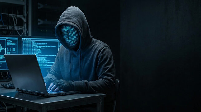 Hooded figure with binary code on face types on laptop in server room, symbolizing cybercrime, data breach, and digital security threat