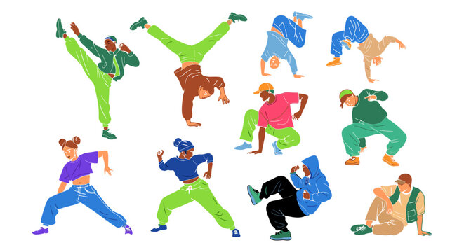 A vibrant illustration of diverse people performing various breakdancing moves in different colorful outfits