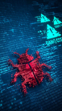 Red digital bug composed of code fragments, set against a dark blue binary code background, symbolizing cyber threat and data vulnerability, ideal for technology security concepts.
