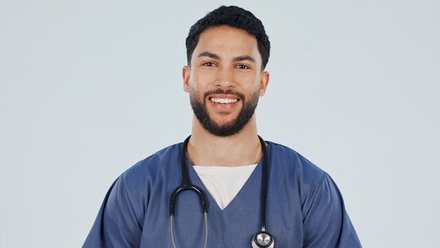 Smile, portrait and doctor with pride, medical service and about us in wellness industry. Happy, space or person with confidence, healthcare profession or clinical practitioner on studio background.