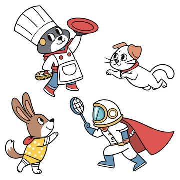 Cartoon animals in fun costumes playing frisbee
