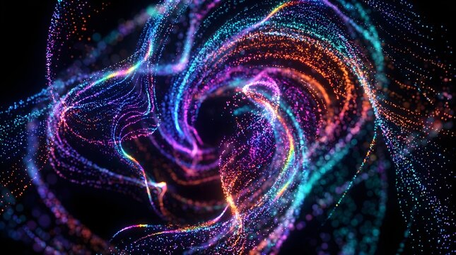 Vibrant swirling particles create a mesmerizing digital illustration in space.