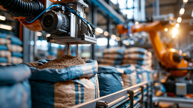 Automated robotic fertilizer sack packaging line filling unbranded agrochemical bags in a bright modern industrial production area with stacked sacks