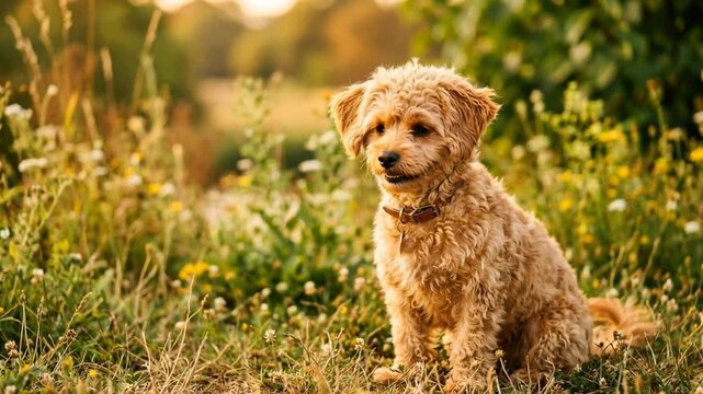 chipoo dog walking in central park new york golden light close up video