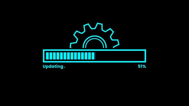 Updating bar with gear icon animation on transparent background. Loading bar animation with software update and settings icon. Update process with spinning settings gear symbol with alpha channel
