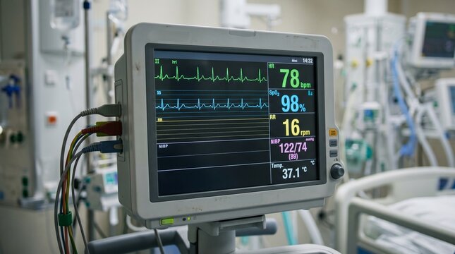 Vital Signs Monitor in Hospital: A close-up shot of a vital signs monitor in a hospital room, displaying a patient's heartbeat and other essential health data.