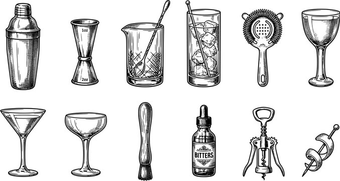 Cocktail bar tools and glassware vector icon set