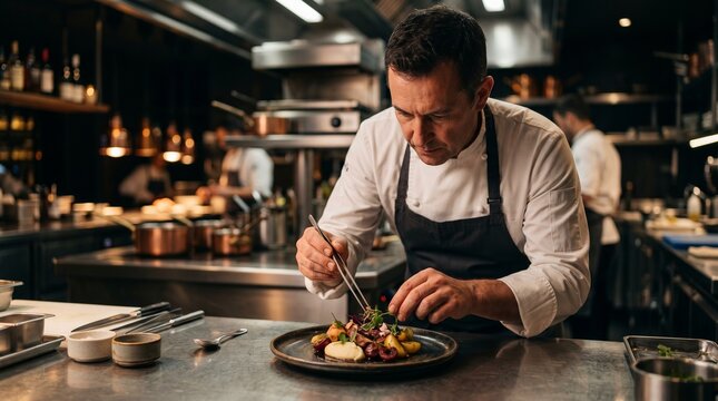 Master Chef's Artistry: A focused chef meticulously plates a gourmet dish in a bustling professional kitchen, showcasing culinary excellence and refined presentation.