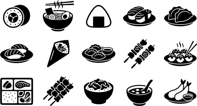 Japanese food vector icon set, sushi and ramen silhouette