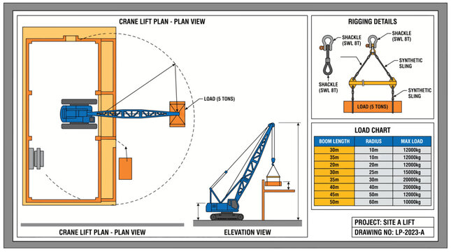 Crane Lift Plan Drawing with Rigging Details and Load Chart