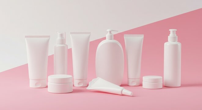 Collection of white skincare product containers isolated on white background