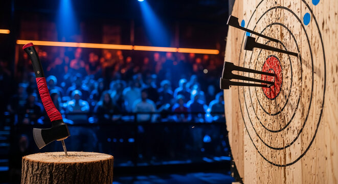 Axe throwing showcase with target and embedded axes, symbolizing precision, skill, and competitive sport with an audience in background