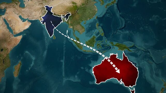 India To Australia Travel Route Map, Australia Flight Route From India Map Animation, Path Connecting India And Australia.