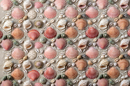 A dense, repeating pattern of various colorful seashells, conch shells, and small marine arranged on a neutral sandy textured background