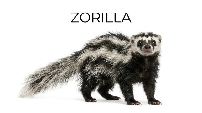 A zorrilla, a distinctive mammal with striking black and white markings, stands alert with a fluffy tail extended