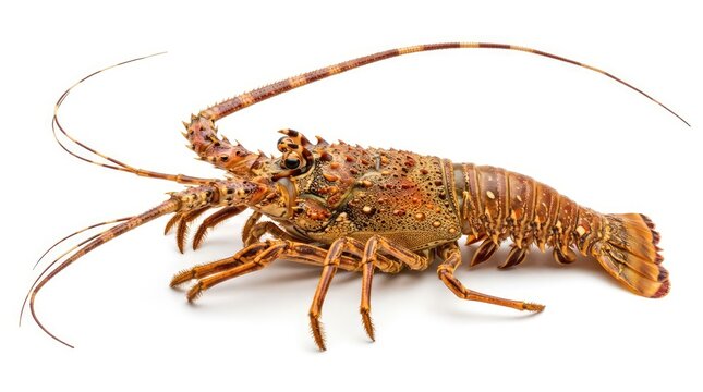 A spiny lobster with long antennae rests on a clean white background. Its patterned exoskeleton displays a vibrant mix of brown, orange, and yellow hues.