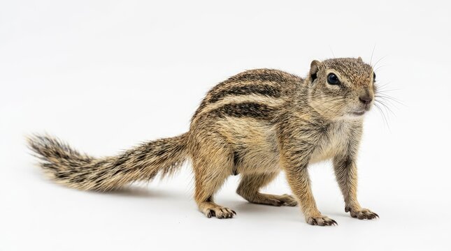 An African ground squirrel with distinct stripes on its back and a bushy tail, posing on a clean white background