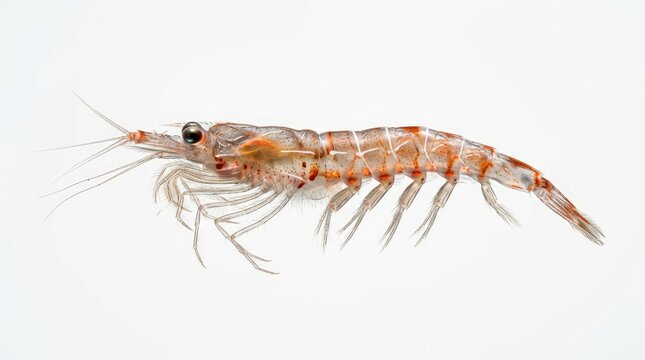 A detailed shot of a single krill against a white background. Its body is translucent and segmented, with visible legs and antennae