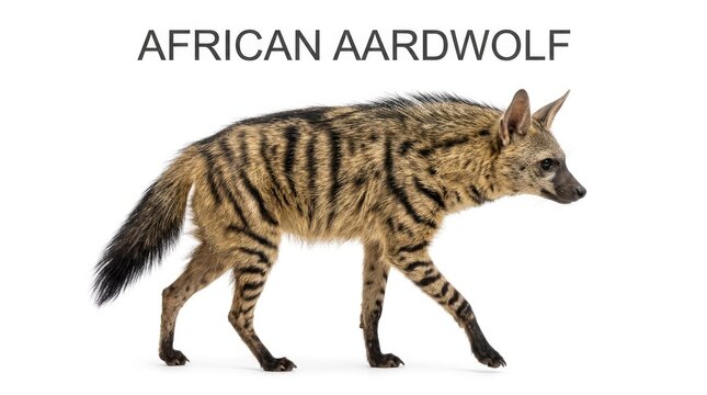 A wild African aardwolf with striped fur standing on a plain background