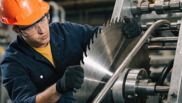 Closeup medium shot of a worker rolling and adjusting a large diameter circular saw blade emphasizing the balancing process to ensure stable rotation and durable performance.